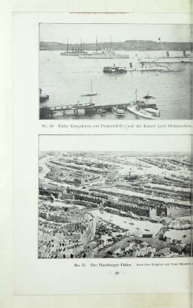50. Kieler Kriegshafen mit Panzerschiffen und der Kaiserl. Jacht Hohenzollern. Rechts im Hintergrunde die Kieler Schiffsbauwerfte
