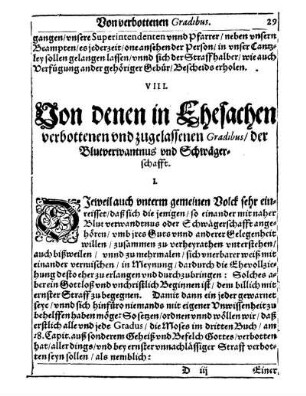 VIII. Von denen in Ehesachen verbottenen und zugelassenen Gradibus/ der Blutverwantnus und Schwägerschafft