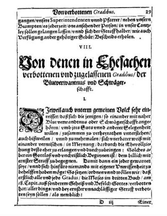 VIII. Von denen in Ehesachen verbottenen und zugelassenen Gradibus/ der Blutverwantnus und Schwägerschafft