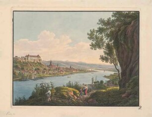 Stadtansicht von Pirna mit der Marienkirche und dem Sonnenstein, Blick über die Elbe aus nordöstlicher Richtung, im Vordergrund Weinernte