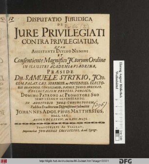 Disputatio Iuridica De Iure Privilegiati Contra Privilegiatum