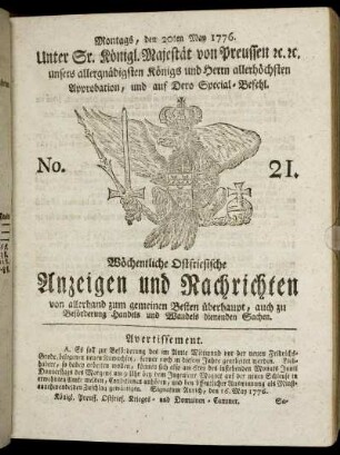 No. 21. Montags, den 20ten May 1776.
