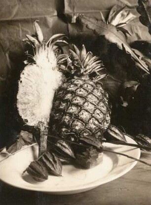 Ananas (Ananas comosus respektive Ananas sativus). Frucht. Aufgeschnitten auf einem Teller