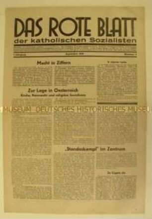 Religiös-sozialistische Monatszeitung "Das rote Blatt der katholischen Sozialisten" u.a. zur Lage in Österreich