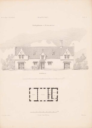 Stallgebäude, Oberweistritz: Grundriss, Vorderansicht (aus: Architektonisches Skizzenbuch, H. 113/2, 1872)