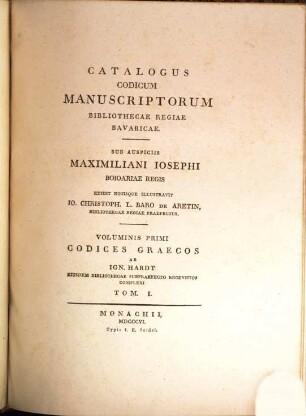 Catalogus codicum manuscriptorum Graecorum Bibliothecae Regiae Bavaricae, 1. Cod. I - CV continens