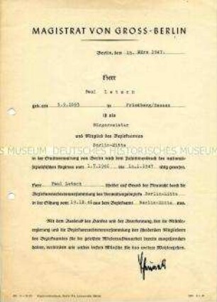 Bescheinigung über die Tätigkeit als Bürgermeister von Berlin-Mitte 1946/47 - Personenkonvolut