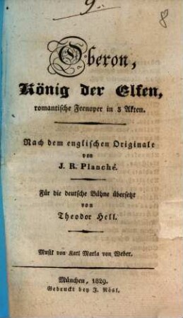Oberon, König der Elfen : romantische Feenoper in 3 Akten