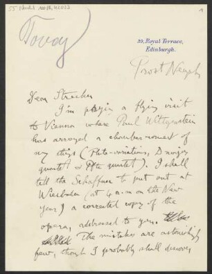 Brief an Willy Strecker an B. Schott's Söhne : o.D. ["Prost Neujahr"]