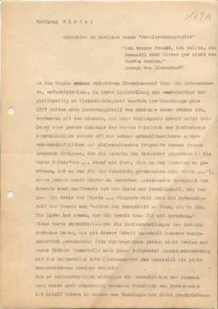 [W209]: Gutachten zu Marianne Beese "Novalis-Monographie" : "Ach teuerer Freund, ich wollte, die Romantik wäre lieber gar nicht erfunden worden." : Joseph von Eichendorff