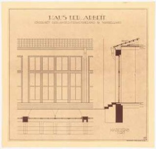 Haus der Arbeit mit Thingplatz Schinkelwettbewerb 1936: Wandelhalle: Detail der Fassade. Ansicht, Grundriss, Fassaden-Schnitt 1:20
