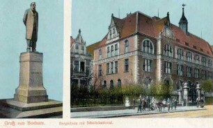 Denkmal und Bergschule Bochum mit Denkmal von Hugo Schultz