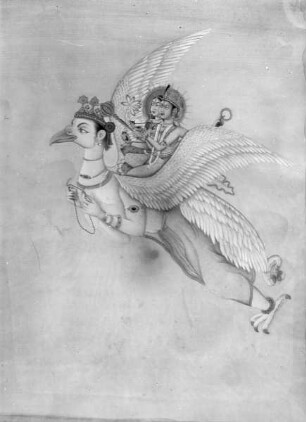 Zwei Frauen fliegen auf einem Fabelwesen (Indische Mythologie?)