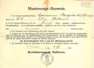 Musterungsausweis für die Landsturmmusterung ausgefüllt für Hermann Marquardt