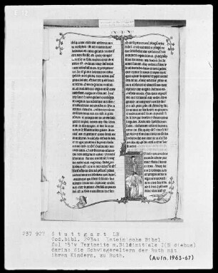 Lateinische Bibel, drei Bände — Initiale I (n diebus), darin Elimelech, Naomi und ihre Söhne verlassen Betlehem, Folio 151verso