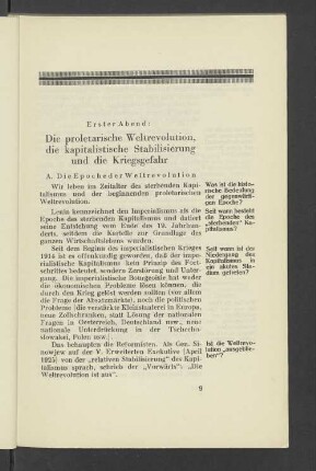 Erster Abend: Die proletarische Weltrevolution, die kapitalistische Stabilisierung und die Kriegsgefahr