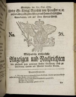 No. 36. Montags, den 6ten Sept. 1773.