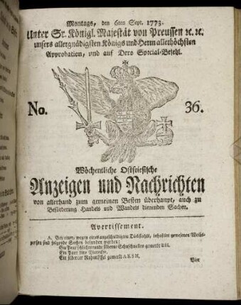 No. 36. Montags, den 6ten Sept. 1773.