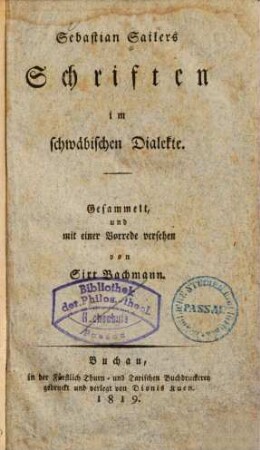 Sebastian Sailers Schriften im schwäbischen Dialekte