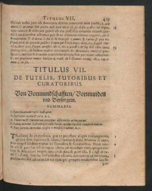 Titulus VII. De Tutelis, Tutoribus Et Curatoribus. Von Vormundschafften/ Vormunden und Beysorgern.