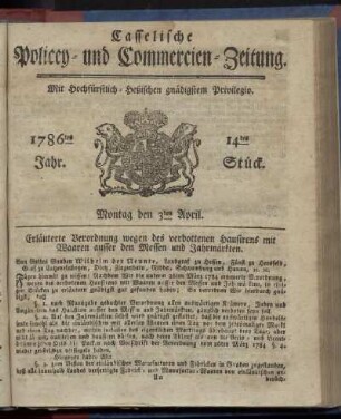 14tes Stueck, Montag den 3ten April. 1786