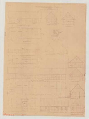 Strussow (Kreis Bütow): unbekannter Hof. - Lageplan. - unbekanntes Gebäude (Grundrisse, Ansichten, Schnitte)