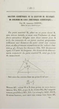 Solution géométrique de la question de mécanique du concours de 1862 (rhétorique scientifique).