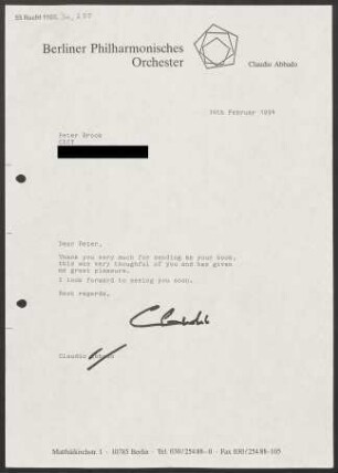 Brief an Peter Brook, 14.02.1994