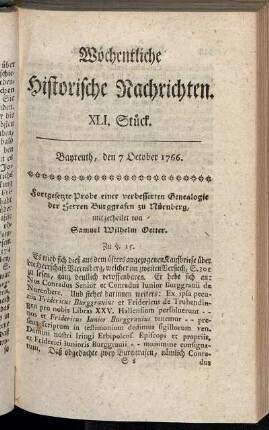 XLI. Stück. Bayreuth, den 7. October 1766.