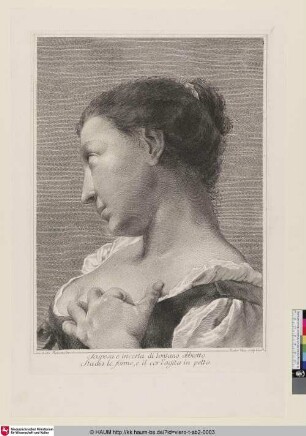 [Frau im Profil nach links geneigt, die Hand an der Brust]