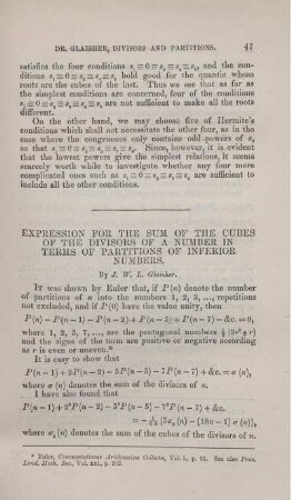 Expression for sum of the cubes of the divisors of a number in terms of partitions of inferior numbers.