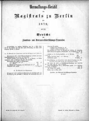 No. XX. Bericht der Invaliden- und Veteranen-Unterstützungs-Deputation