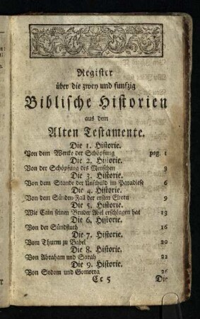Register ueber die zwey und funfzig Biblischen Historien aus dem Alten Testamente