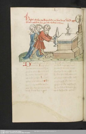 51v: kolorierte Federzeichnung: Opfer Abrahams (mit der Hand Gottes)