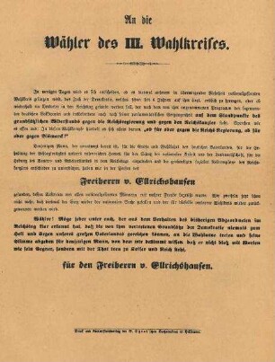 Flugblatt zur Reichstagswahl für den Kandidaten von Ellrichshausen (III. Wahlkreis)