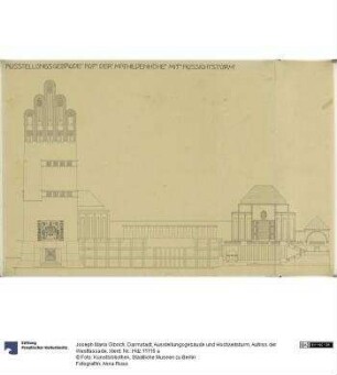 Darmstadt, Ausstellungsgebäude und Hochzeitsturm, Aufriss der Westfassade