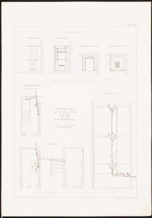 Das neue Krankenhaus d. jüdischen Gemeinde zu Berlin, hrsg.v. C. H. Esse, Berlin 1861: Ansichten, Querschnitte Bratofen, Grundrisse, Querschnitte Treppenhäuser mit Wasserleitungen