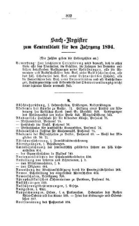 Sach-Register zum Centralblatt für den Jahrgang 1894