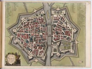 Vogelschauplan von Parma, 1:6 000, kolorierter Kupferstich, um 1682 : Parma . - [Ca. 1:6 000]. - [Amsterdam] : [Bÿ d' Erfsgenamen van Joannes Janssonius van Waesberge], [1682]. - 1 Vogelschauplan : Kupferstich. ; 51 x 41 cm (Karte) +++ Mit Gebäudeverz. - W oben