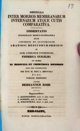 Nonnulla inter morbos membranarum internarum atque cutis comparativa