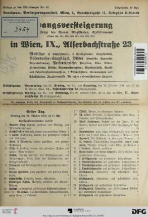 Zwangsversteigerung im Auftrage des Wiener Magistrates, Exekutionsamt, in Wien, IX, Alserbachstraße 23 : Mobiliar ..., Bösendorfer-Stutzflügel, Bilder ..., Perserteppiche ... ; Versteigerung: Montag, den 24. und Dienstag, den 25. Oktober 1938