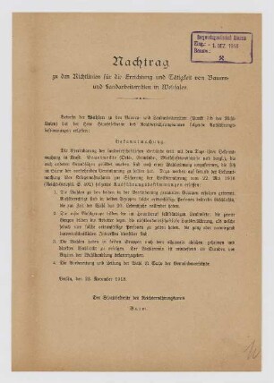 "Nachtrag zu den Richtlinien für die Errichtung und Tätigkeit von Bauern- und Landarbeiterräten in Westfalen"