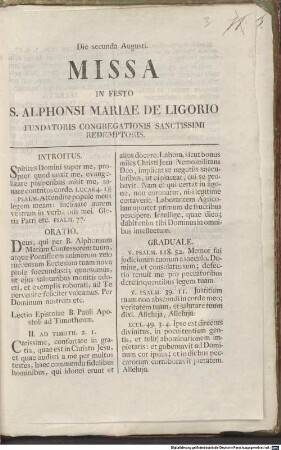 Die secunda Augusti. Missa In Festo S. Alphonsi Mariae De Ligorio Fundatoris Congregationis Sanctissimi Redemptoris