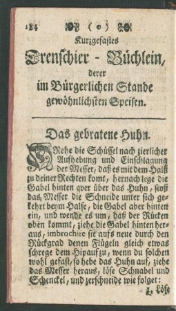 Kurzgefastes Trenschier-Büchlein, derer im Bürgerlichen Stande gewöhnlichen Speisen