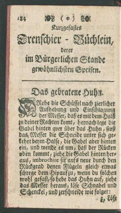 Kurzgefastes Trenschier-Büchlein, derer im Bürgerlichen Stande gewöhnlichen Speisen