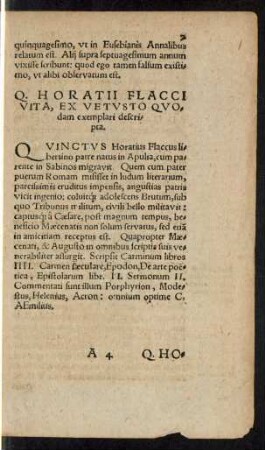 Q. Horatii Flacci Vita, Ex Vetusto Quodam exemplari descripta.