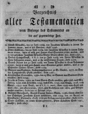 Verzeichnis aller Testamentairen vom Anfange des Testamentes an bis auf gegenwärtige Zeit.
