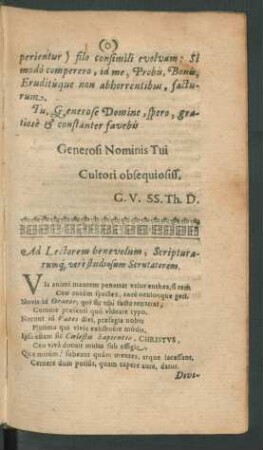 Ad Lectorem benevolum, Scripturarumque vere studiosum Scrutatorum.