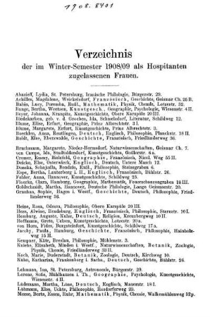 Verzeichnis der im Winter-Semester 1908/09 als Hospitanten zugelassenen Frauen.