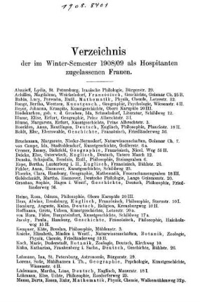 Verzeichnis der im Winter-Semester 1908/09 als Hospitanten zugelassenen Frauen.